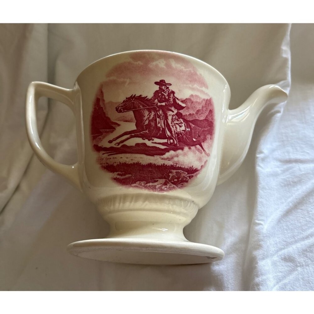 Vintage Cream Ceramic Teapot With Cowboy Horse Scene & Red Floral Handle Design